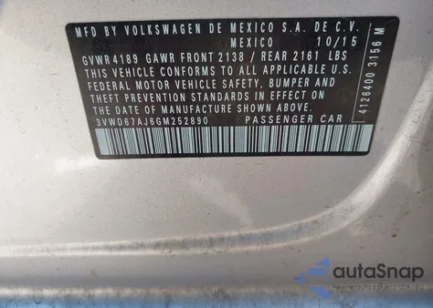 2016 Volkswagen Jetta 1.4T Se z USA, uszkodzony, nr VIN 3VWD67AJ6GM252890